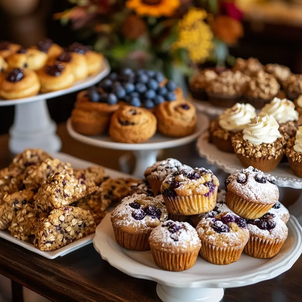 Assorted baked goods on display for catering, including muffins, granola bars, and pastries