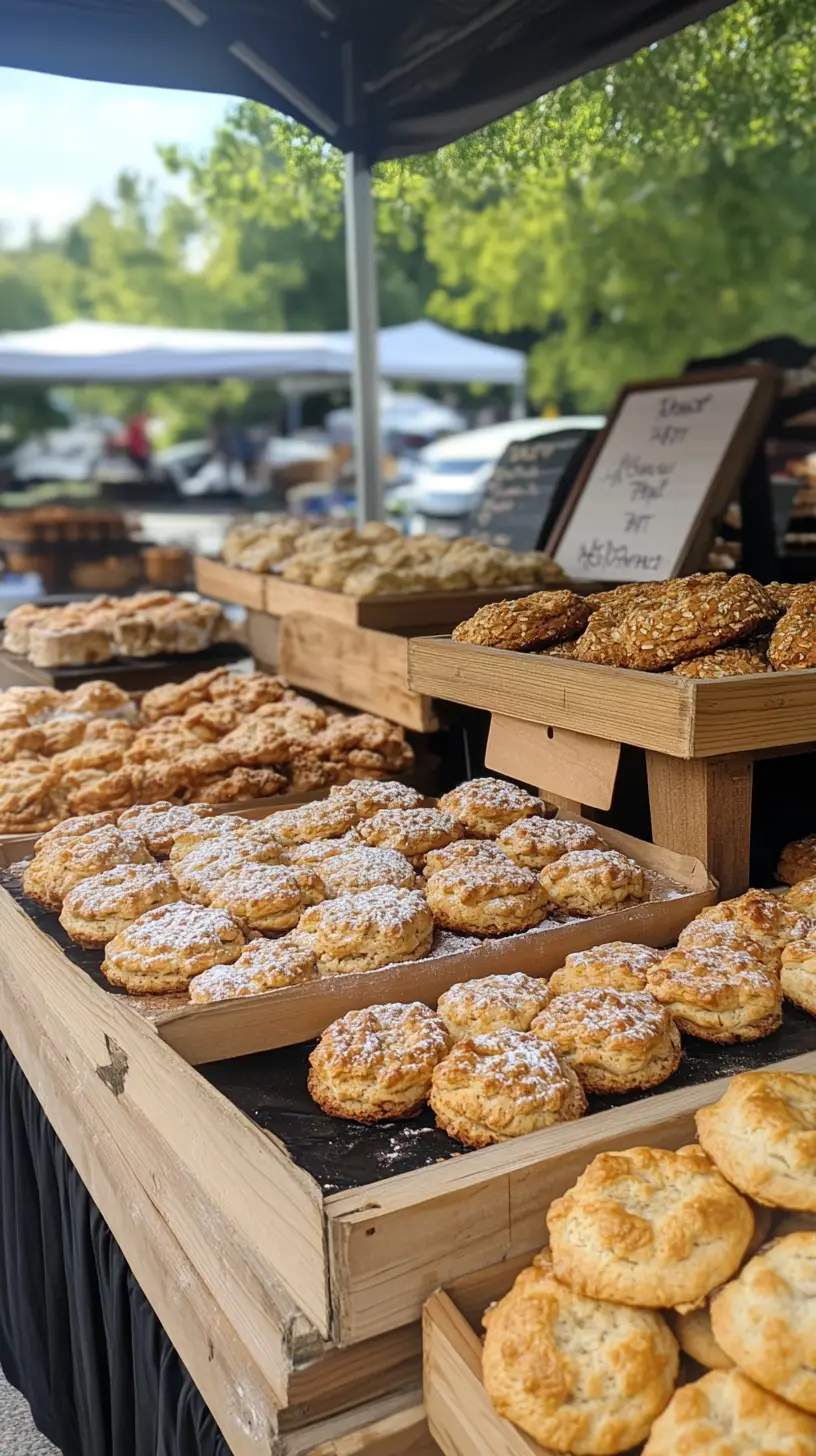 Assortment of baked goods displayed at a farmers market stall