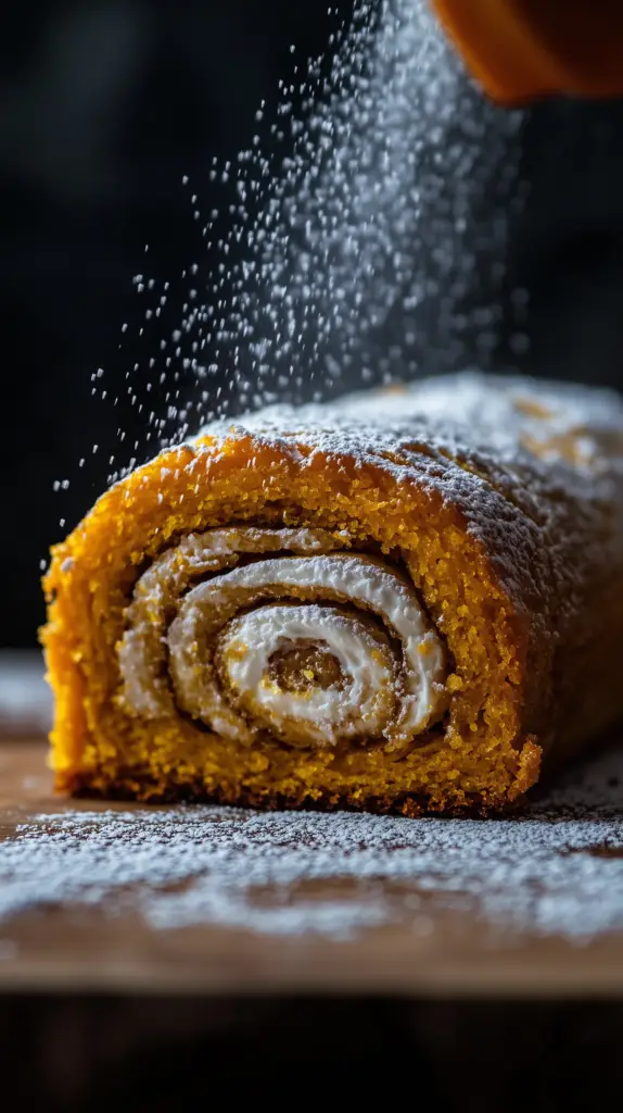 Close-up of a pumpkin roll topped with powdered sugar